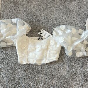 Zara White Textured Puff Sleeve Blouse